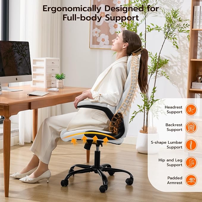 Ylzyxal Office Desk Chair, Ergonomic Computer Chair with Padded Flip-Up Arms and Adjustable Lumbar Support, PU Leather Executive Chair with Tilt Lock and 360° Swivel Rolling Wheels for Work, Study