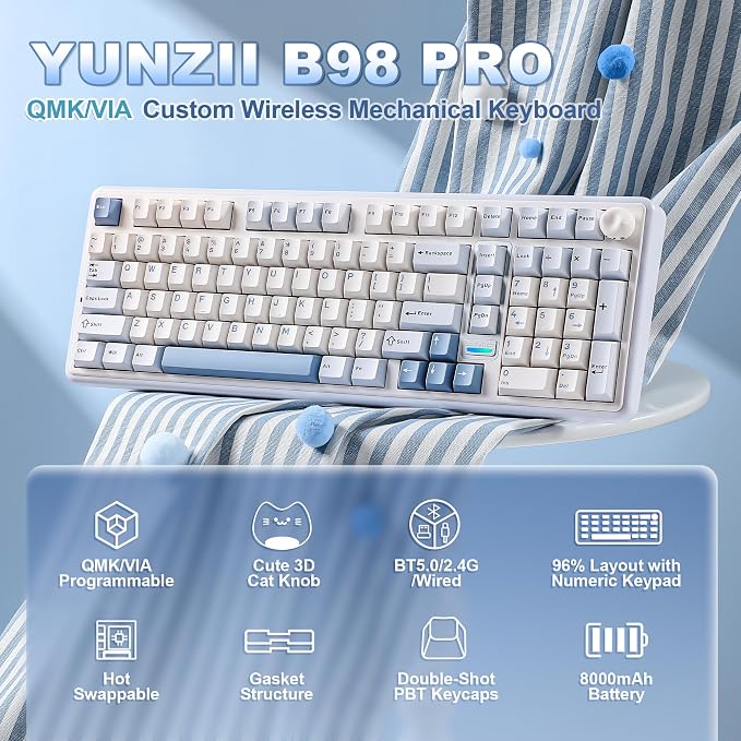 YUNZII B98 PRO 96% Wireless Mechanical Keyboard(Blue, Candy Switch) | QMK/VIA, with Numpad, Dual-Style Knob Design, Creamy Pre-Lubed Switches, Hot Swap, Gasket Mount, RGB for Gaming/Win/Mac