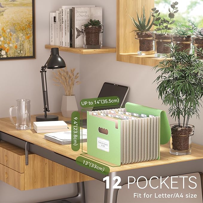 Accordion File Organizer, 12-Pocket Wheat Straw Expanding File Folder, Portable Monthly Bill & Tax Receipt Organizer, Letter/A4 Size Document Holder with Colorful Tabs-Grass Green