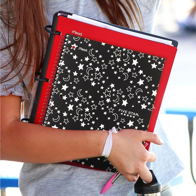 Five Star Spiral Notebook + Study App, 1 Subject, Wide Ruled, 8" x 10-1/2", 80 Sheets, Fights Ink Bleed, Water Resistant Cover, Black Stars Glow in the Dark (930020F) (Pack of 12)