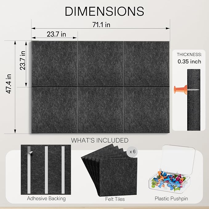 MaxGear Extra Large Bulletin Board 72" x 48", Dark Gray Felt Wall Tiles | 6 Pack 23.7" x 23.7" Wall Panels, Pin Vision Board DIY Office & Home Decor, Modern Cork Board For Walls Alternative