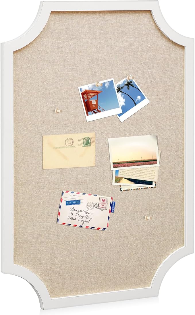 Vintage Framed Pin Board Linen Display Bulletin Board Large Ornate Fabric Picture Photo Pinboard Memo Decorative Prayer Pinboard Ornate for Wall Gift(Scalloped,24'' X 36",Farmhouse White)