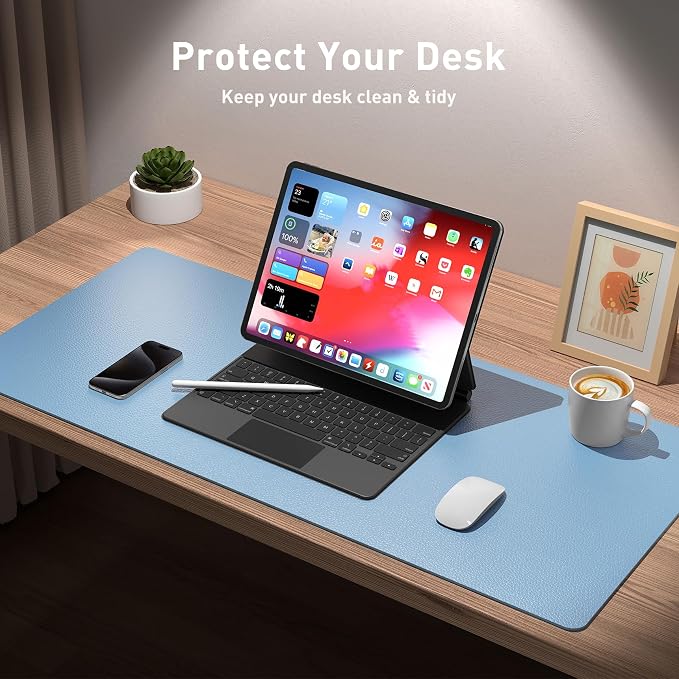 Aothia Faux Leather Desk Mat for Keyboard & Mouse (Sky Blue, 23.6" x 13.7") | Large desk mat for keyboard, mouse and laptop, creating a clean, organized workspace for work, study and everyday use
