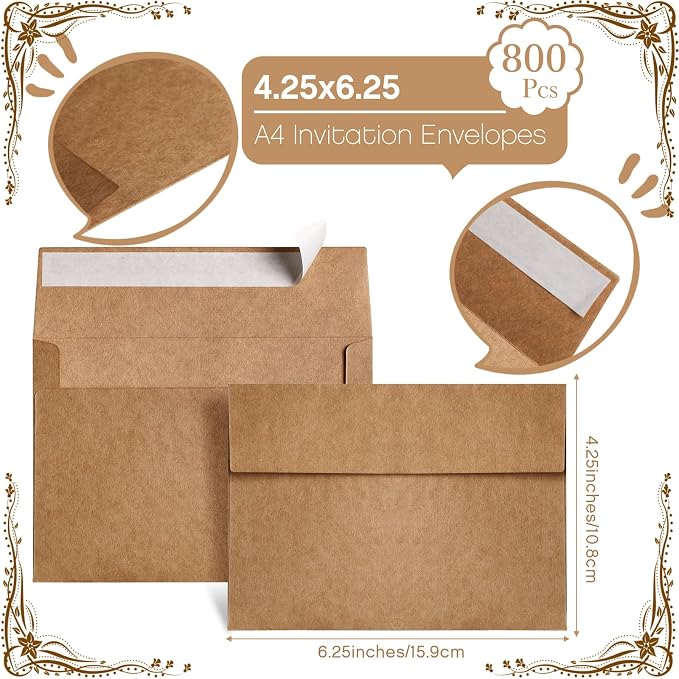 Fainne 800 Pack Kraft Envelopes for Invitation, 120 GSM,A4, 4.25 X 6.25 in | Brown Envelopes for Invitation, 120 GSM Gift Card for Office, Wedding, Gift, Party, Baby Shower, Mailings