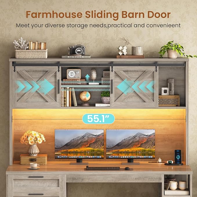SEDETA 55.1" Farmhouse Desk with Hutch & 3 Storage Drawers | Executive Computer Desk with Storage Cabinet and Shelves, Home Office Desk with power outlet & LED Lights,Grey