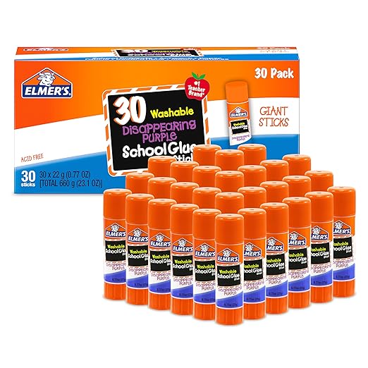 Elmer's Disappearing Purple School Glue Sticks, Washable, 22 Grams, 30 Count - Back to School Supplies, Classroom Essentials, Arts & Crafts, #1 Teacher Brand