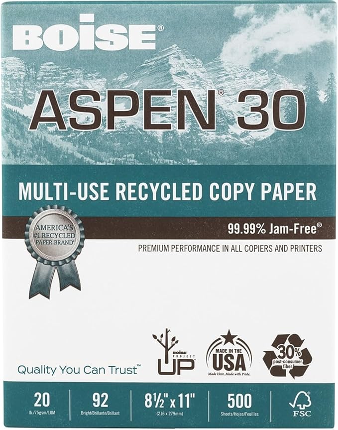 Boise ASPEN 30 Multi-Use Printer & Copy Paper, 10 Reams, White, Letter Size, 5000 Sheets Per Case- 054901-CTN