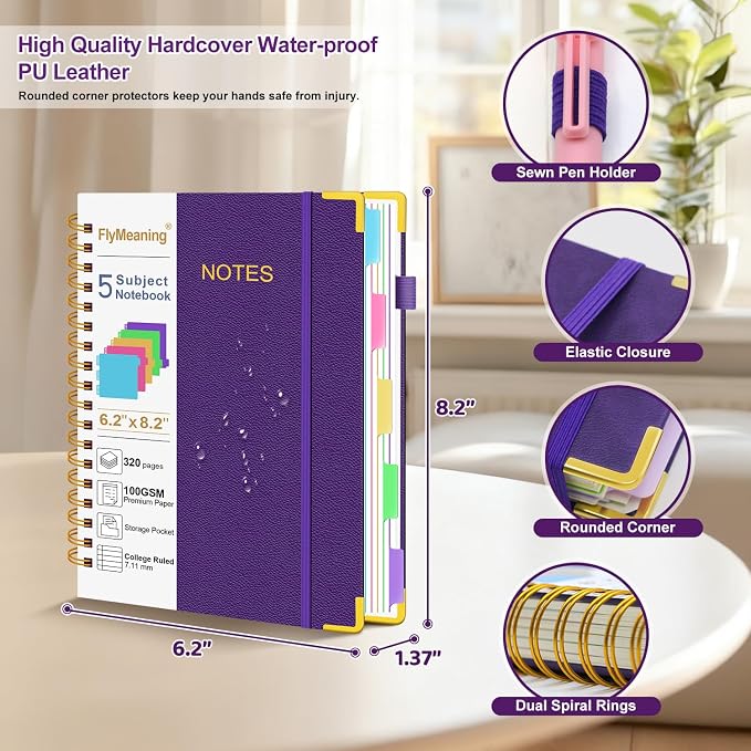 Hardcover Spiral Notebook Journal with Removable Dividers Tabs | 320 Pages, 5 Subject Notebooks College Ruled, 6.2"x8.2" Leather A5 for Work & School, Lined Journal for Women