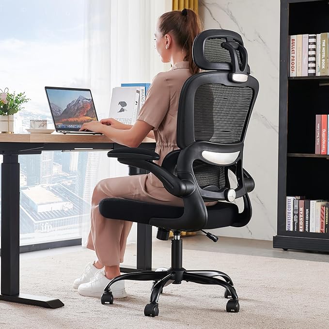 TRALT Office Chair Ergonomic Desk Chair - Gaming Chair with Lumbar Support | 330 LBS Home Office Desk Chairs with Headrest, Reading Chair with Flip-up Armrests, Comfortable Computer Chairs (1, Black)