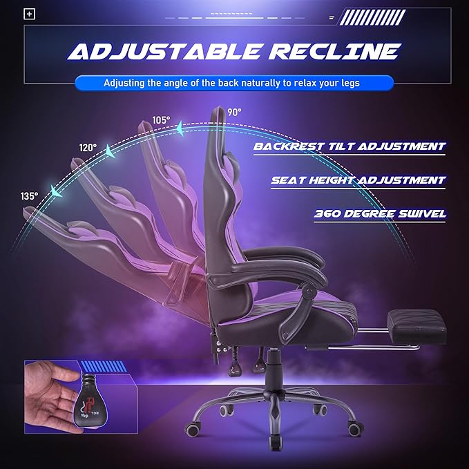 Homall Gaming Chair, Computer Chair with Footrest and Massage Lumbar Support, Ergonomic High Back Video Game Chair with Swivel Seat and Headrest (Purple)