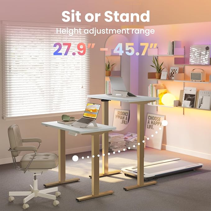 HUANUO 32x19 Inch Small Electric Desk, Adjustable, White & Gold Frame | 176 Lbs Capacity, Rounded Corners, Wheel-Ready Feet, Compact Desktop, Apartment Workspace, 28.3–46.5 Inch Height Range