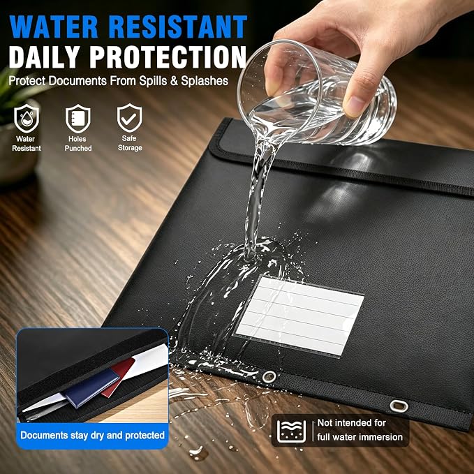 Fireproof 3 Ring Binder Pocket, Document Bag Side Loading, Black | Water Resistant,Heat Insulated,Hook&Loop Closures,Binder Folders Organizer,Safe Storage for Home Office Travel,Letter Size
