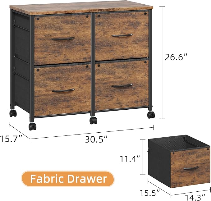 4 Drawer Mobile Lateral File Cabinet 30.5''W for Large Printer | Sturdy Metal Frame & Wood Top, Holds 100 Lbs, Casters, Fits Letter/A4 Size (No Legal), Fabric Drawer, Rustic Brown