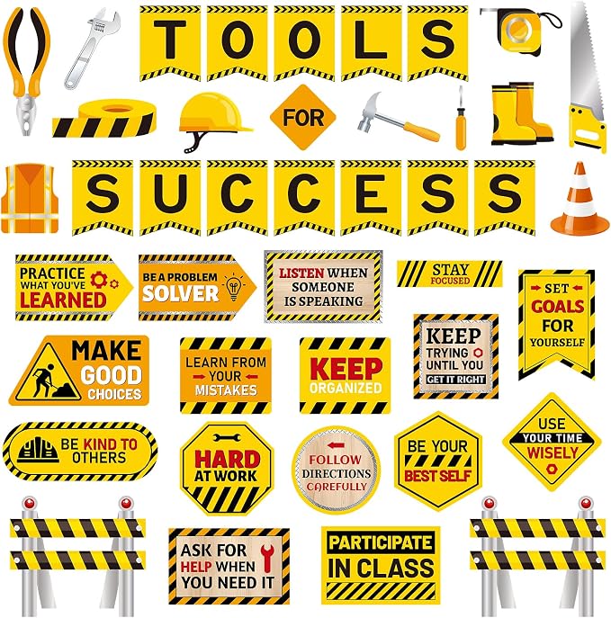 42Pcs Construction Bulletin Board Decorations Set, Tools for Success Classroom Bulletin Board Decor, Construction Theme Cutouts Decor for Classroom Office Back to School Birthday Party Wall Door