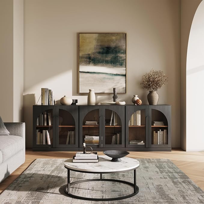BELLEZE 2 Tier Bookshelf with Arched Glass Door, Set of 3 Modern Display Bookcase Shelf with Storage and Adjustable Shelves, 94" Wood Bookshelves for Living Room Office Entryway (Ebony)