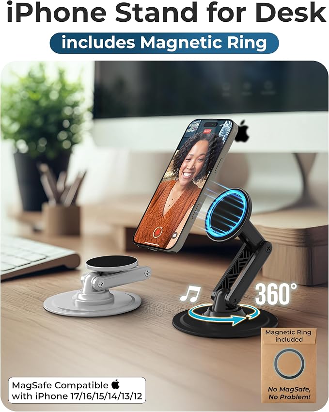 COOPER Mag360 Magnetic Phone Stand for Desk, MagSafe Stand for iPhone 17 | 360° Rotating, Adjustable, Foldable, Portable, Strong Magnet, incl. 2 Steel Rings, Magsafe Phone Holder, Fits all iPhones