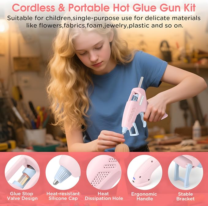 Pink Cordless Hot Glue Gun with 30 Sticks, Fast Heating 2.6Ah Rechargeable | 20W Anti-Drip Glue Gun and Sticks Set (0.27"×6") USB-C Rechargeable Mini Glue Gun Ideal for School Crafts DIY Making Repairs