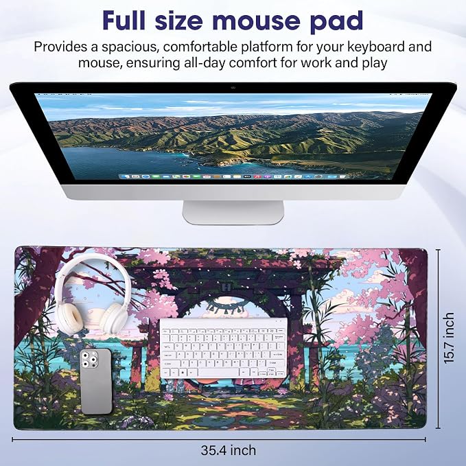 Large Extended Mouse Pad with Stitched Edges 35.4"x15.7" - Waterproof Desk Mat, Non-Slip Rubber Base for All-Desk Coverage, Perfect for Gaming Office Home, Sakura