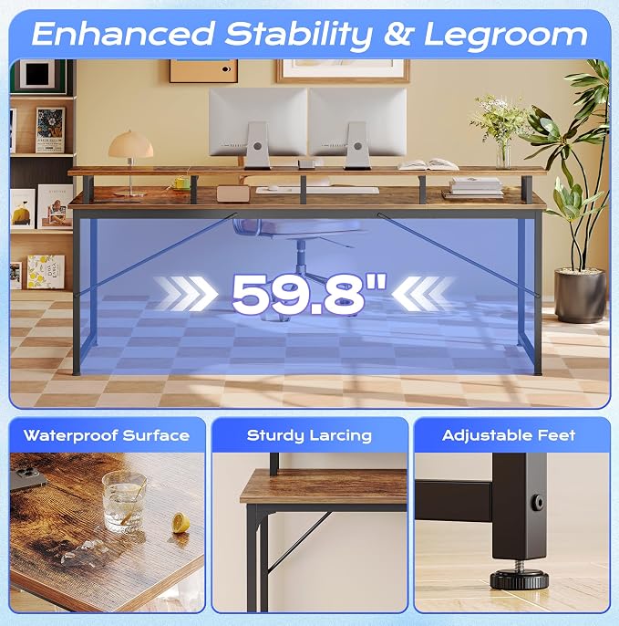 63 inch Gaming Desk, LED & Outlets, Monitor Stand, Rustic Brown | Sturdy PC Desk for Home Office, Study & Work, LED Lights, 4 AC Outlets & USB-C Charging Station