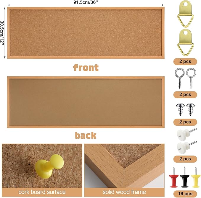 12'' x 36'' Cork Bulletin Board Framed Large Wall Mounted Corkboard with Installation Kit, Push Pins for Home and Office Decor, School Message or Vision Background(Brown)