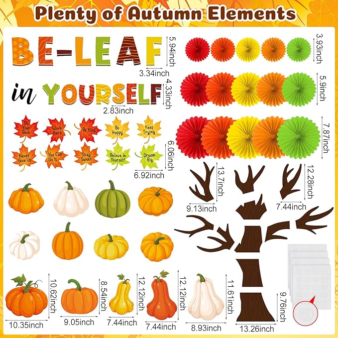 81 Pcs Fall Thanksgiving Tree Bulletin Board for Classroom Be Leaf in Yourself Thanksgiving Tree Bulletin Board Decorations 3D DIY Paper Fans Pumpkin Cutouts Autumn School Home Wall Decor