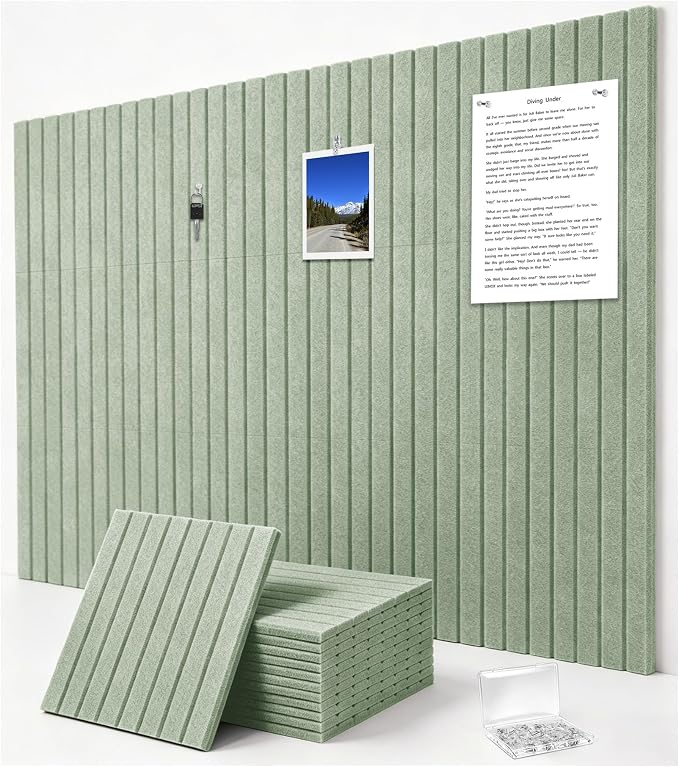 0.47" Thick Felt Pin Board 48"x36" Large Cork Board Alternative 12 Pack 11.81"x11.81"Felt Bulletin Board Wall Tiles Notice Board with 60 Pushpins for Home Office School(Fine-Sage)