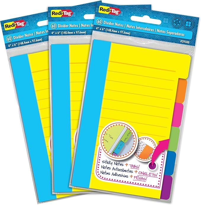 Redi-Tag Divider Sticky Notes, Tabbed Self-Stick Lined Notepads, 180 Ruled Notes, 4" x 6", 3 Books Per Pack, Assorted Colors (B10245)