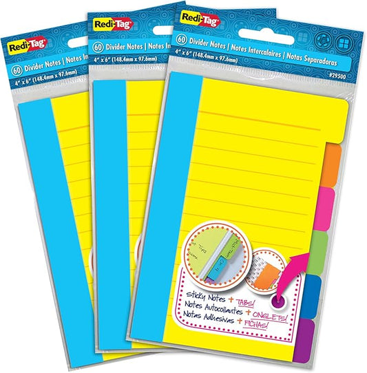 Redi-Tag Divider Sticky Notes, Tabbed Self-Stick Lined Notepads, 180 Ruled Notes, 4" x 6", 3 Books Per Pack, Assorted Colors (B10245)