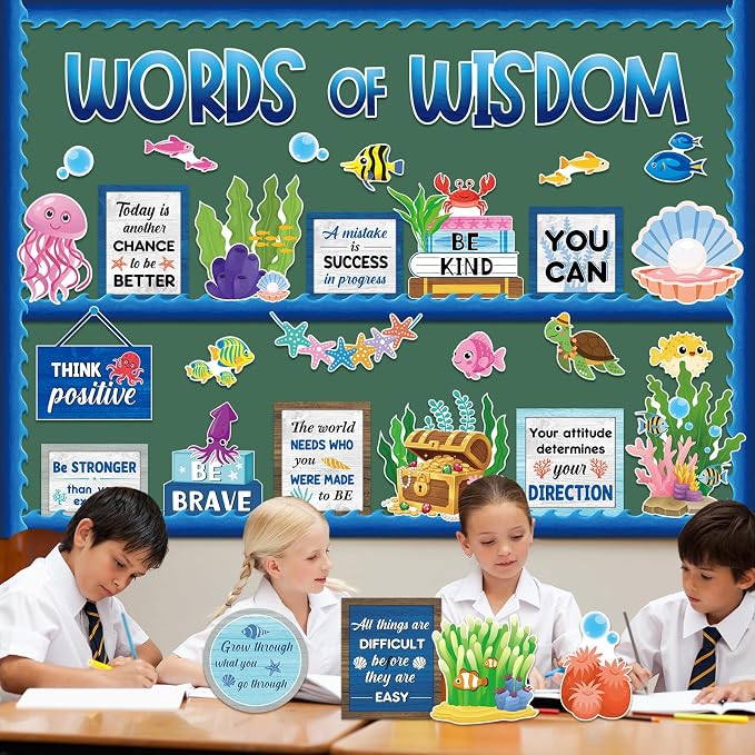 Mooliwe 57 Pcs Ocean Bulletin Board Set Marine Life Classroom Decor | Inspirational Quotes with Sea Creatures, Theme Wall Decor for Teachers School Office, Motivational Display Supplies