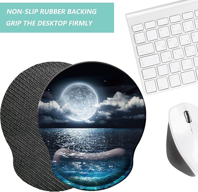 Mouse Pad with Wrist Support, Ergonomic Mouse Pad with Memory Foam Wrist Rest Cushion, Non-Slip Rubber Base Gaming Mice Pad for Home Office Computer Laptop, Moonlit Night
