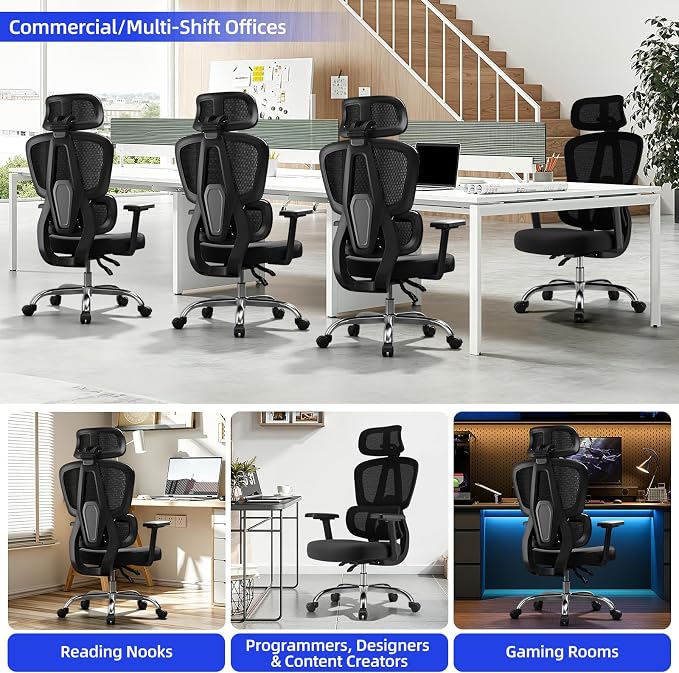 Office Chair Ergonomic Desk Chair Breathable Mesh Chair with Lumbar Support & Headrest, Black Office Chair 330 Lbs Home Computer Chair Thickened Cushion for Adults & Women (Small Chair)