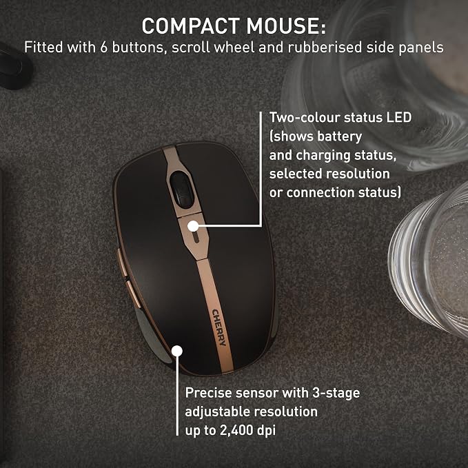 CHERRY DW 9100 Slim Wireless Keyboard and Mouse Office Combo, Rechargeable | Bluetooth & 2.4 GHz RF Connection, Quiet Keys, Comfortable Writing, Rechargeable, QWERTY, Black/Bronze