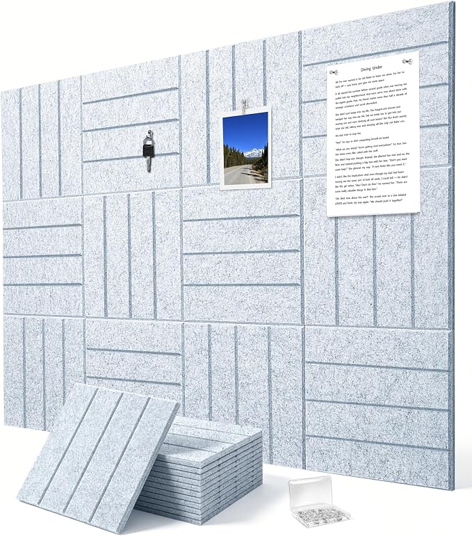 0.47" Thick Felt Wall Tiles 48"x36" Cork Board Alternative 12 Pack 11.81"x11.81"Felt Bulletin Board Pin Board with Removable Adhesive Tape&60 Pushpins for Home Office School(Bold-Silver Grey)