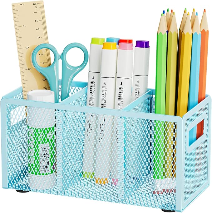 Marbrasse Mesh Pen Holder for Desk, Pencil Holder Desk Organizer 3 Adjustable Compartments, Pencil Cup with Handle Perfect for Classroom, Office, Home, Makeup, Art (Blue)