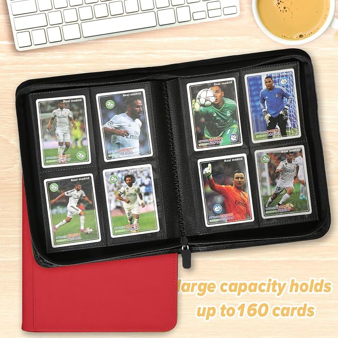 4 Pocket Ringless Side Loading Trading Card Binder, 160 Cards PU Fixed Page Zipper Card Album for TCG Sports Game Cards, Not Fit Top Loaders (Red)