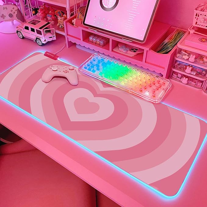 JMIYAV Pink Love Heart RGB Gaming Mouse Pad 31.5x12 Inch Cute Mousepad PC XL Large Extended Glowing Led Light Up Desk Pad Non-Slip Rubber Base Computer Mat Desk Accessories Gaming Setup