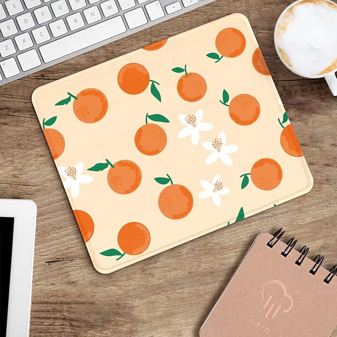 Seorsok Funny Cute Peach Flower Fruit Mouse Pad,Office Home Premium-Textured Mouse Mat Design,Waterproof Mouse pad,Non-Slip Rubber Base Computer Mouse Pads for Wireless Mouse,Orange with Green Leaves