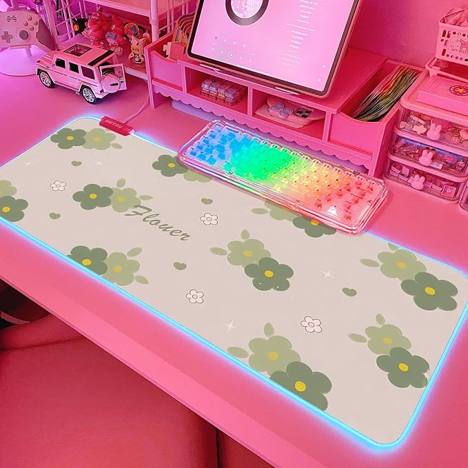 JMIYAV Pink RGB Gaming Mouse Pad 31.5x12 Inch PC XL Large Extended Glowing Led Light Up Desk Pad Non-Slip Rubber Base Computer Cute Mousepad Mat Desk Accessories Gaming Setup Bloom Flower
