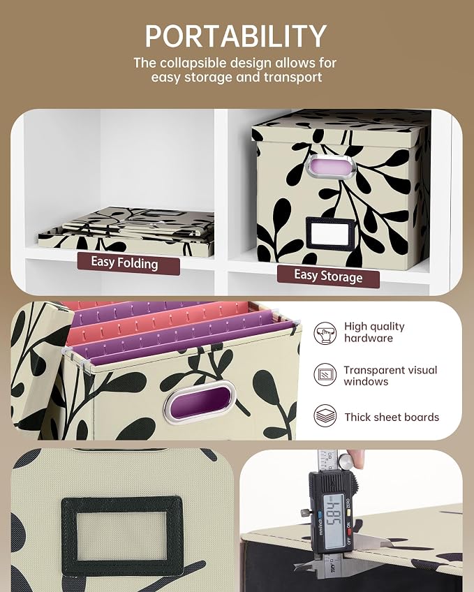File Organizer with Lid, File Box, File Cabinet for Letter File Folder Storage, Hanging File Organizer for Office/Decor/Home,Document Organizer, 1 Pack,Leaf Black/Cream-Box Only