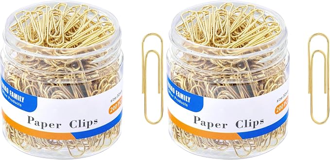 FUDAO FAMILY Medium Paper Clips, 200-Count, Paperclips, Gold Paper Clips, 1.3 Inch (32mm) Paper Clip (Pack of 2)