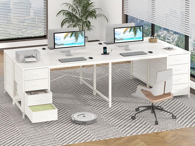 95" 2 Person Desk with 8 Fabric Drawers for Home Office, Living Room | Long Computer Desk Office Desks with Storage, Two Person Double Desks with Power Outlets, White