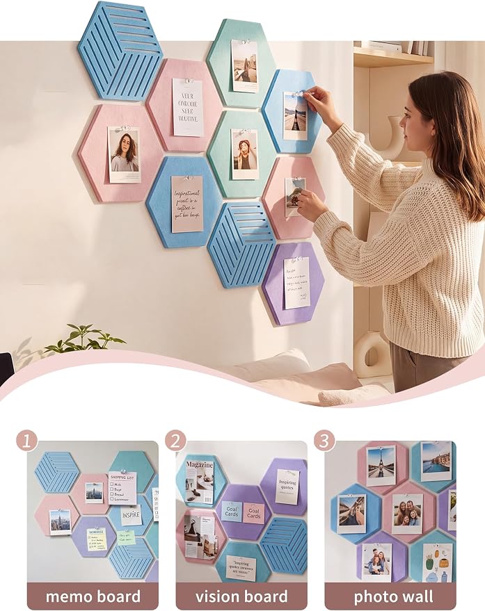 Hexagon Cork Board Tiles for Office Walls Decor 10 Pack 11.81" X 10.24" | Traceless Nano Adhesive Tabs, 0.39 " Thickness Specification, Cover 6.3 Ft² Area, Photo Memory Display, Vision Board Creation