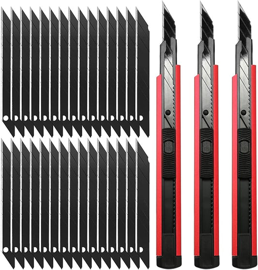 FOSHIO Retractable Utility Knife with 30 Degree Snap Off Blade 9MM, Box Cutter for Carton, Cardboard and Box, Office and Home Use, 3 Pack Red Aluminum Handle Knife with Extra 30 Replacement Blades