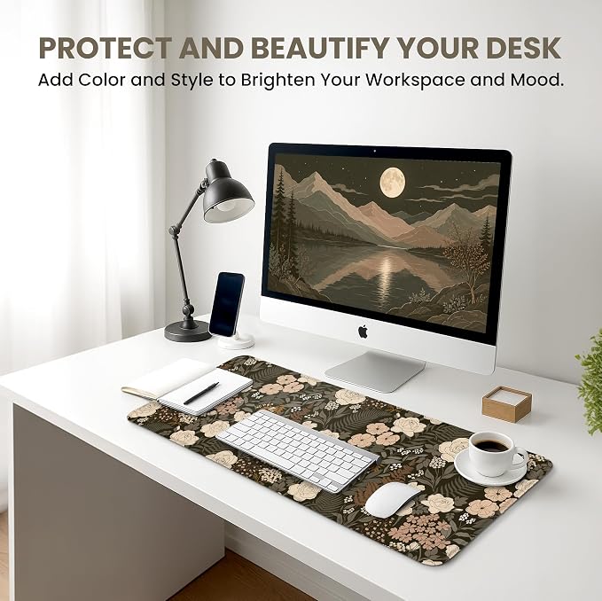 Aesthetic Desk Mat, Cute Wild Rose Desk Pad Protector for Work & Decor, 35.4" x 15.7", Pretty Non-Slip Extended Mouse Pad for Office or Home