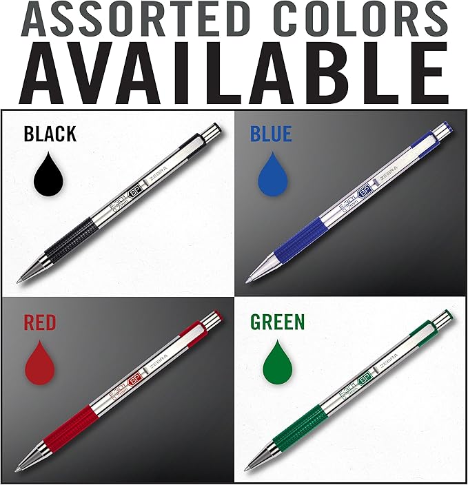 Zebra Pen STEEL F-301 Ballpoint Pen, Black, Blue, Red, Green, 0.7mm, 4-Pack | Stainless Steel Barrel, Non-Slip Grip, Easy-Glide Ink, Fine Point, Professional Design, Ideal for Journals & Planners (27174)