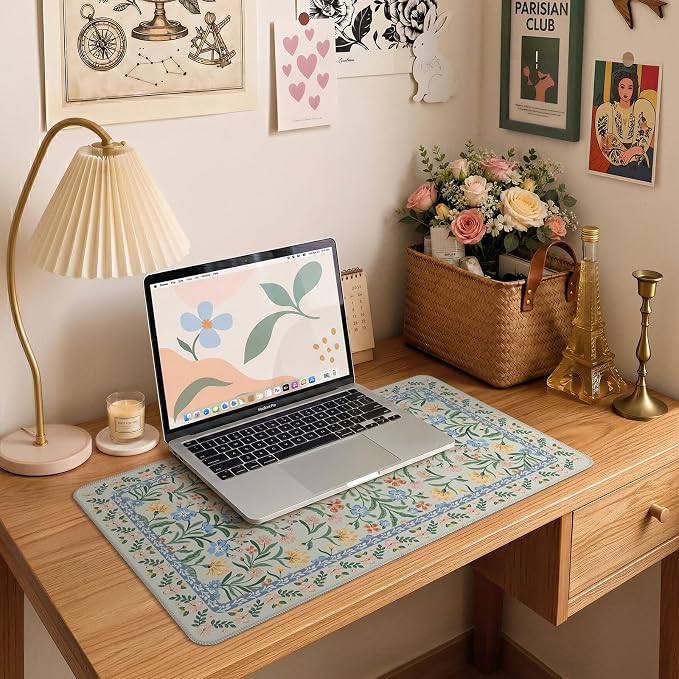 iCasso Aesthetic Flower Mouse Pad,23.6x13.7in, Green Floral | Desk Pad Mat, Desk Matt for Desktop Anti-Slip Mousepad with Stitched Edges for Laptop Computer Keyboard