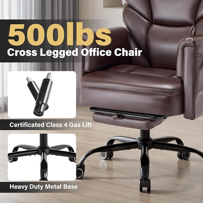 Big and Tall Office Chair, Reclining High Back Criss Cross Desk Chair | Footrest, Foldable Arms, Soft Wide Pet Seat, Thick Padded, Cross Legged Home Office Large Ergonomic Computer Chair