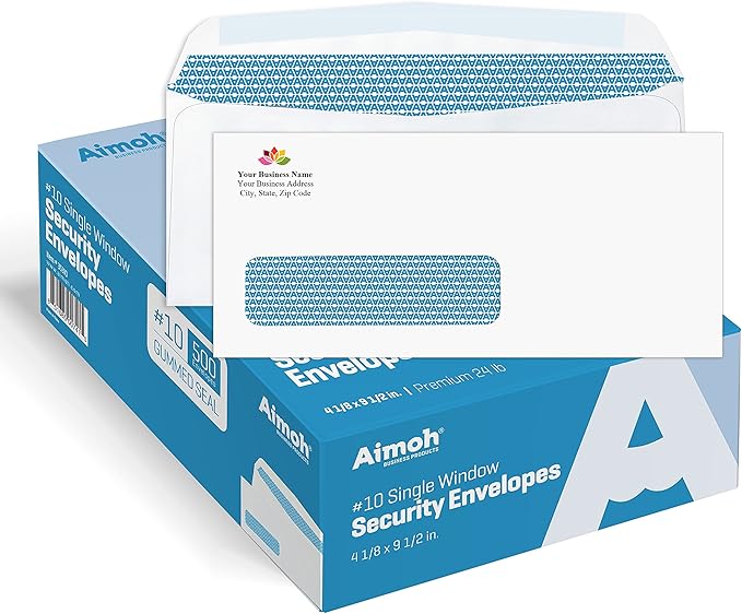 Aimoh 2500#10 Custom Printed Single Left Window Envelopes - Text and Logo Customization - Gummed Closure - Size 4-1/8x9-1/2 Inches -24LB-2500 Count (7-35310-2500)