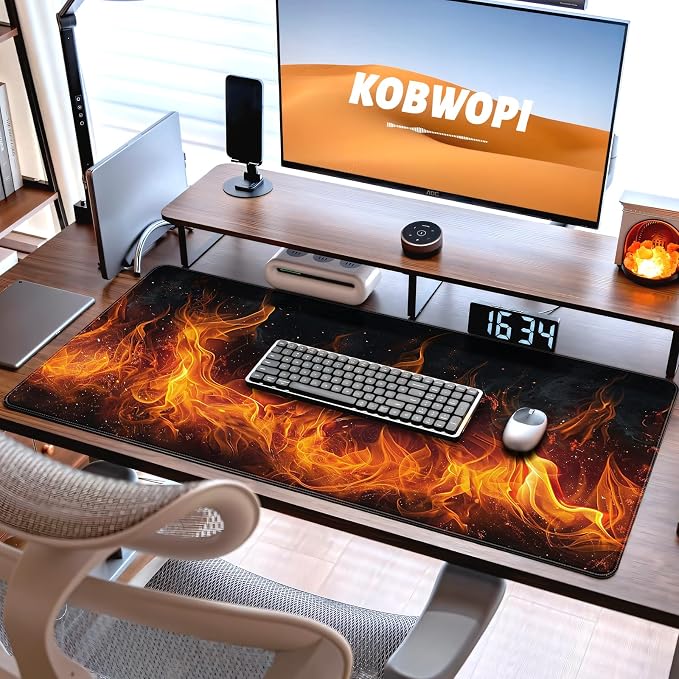 35.4 x 15.7 in, XXL Large Mouse Pad for Desk, Extended Keyboard Mouse Mat for Computer Office, Big Mousepad with Stitched Edges, Gaming Pc-Flame on Black