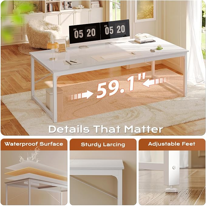 63 x 29.5 Inch Computer Desk with Deeper Desktop, Gaming Office Writing Work Desk for Home Office, Study, Bedroom, Work from Home, Metal Frame, White